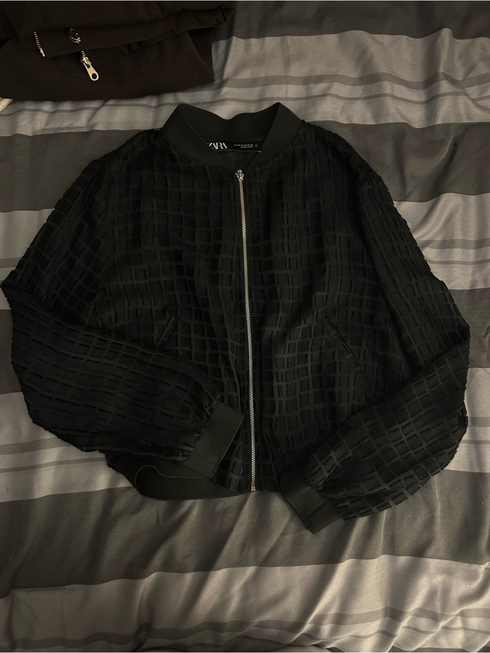 Zara Black Grid-Texture Bomber Jacket